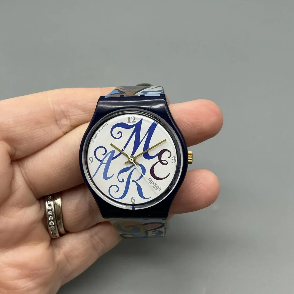 Vintage Swatch Algarve Men Watch 34mm White Blue Band Swiss New Battery